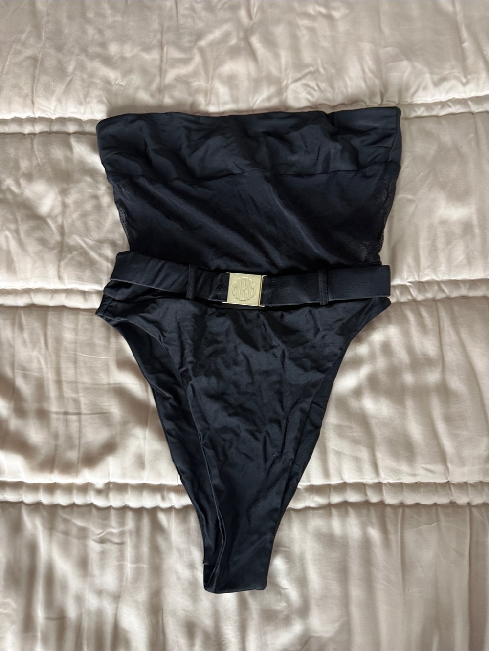 Strapless Black One-Piece Swimsuit with Gold Buckle